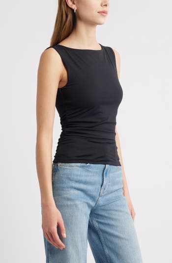 Black Cotton Boatneck Sleeveless Top | Tops