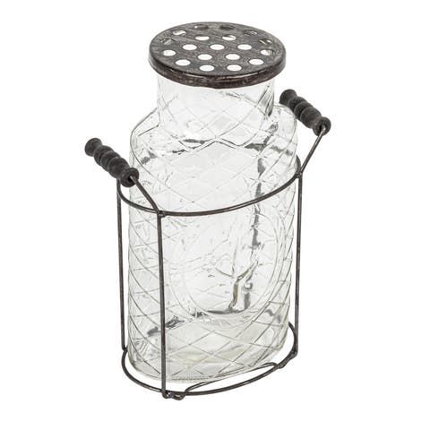 Glass vase in Metal Stand with Metal Frog Lid
