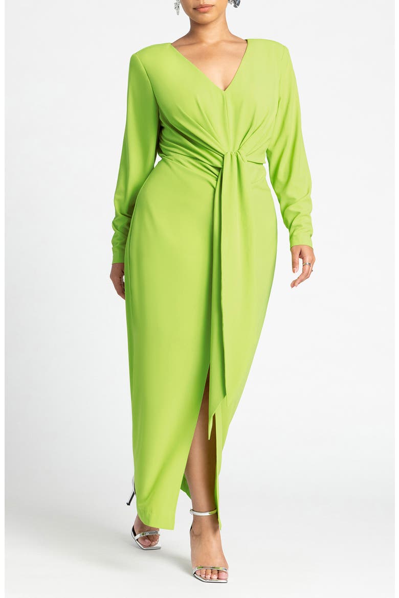 Strong Shoulder Tie Waist Long Sleeve Maxi Dress, Main, color, MACAW GREEN