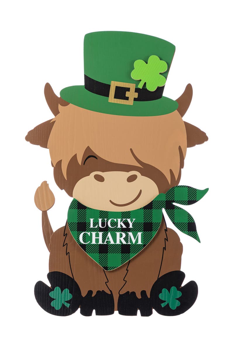 St. Patrick's Wooden Highland Cow Porch Decor, Main, color, Green