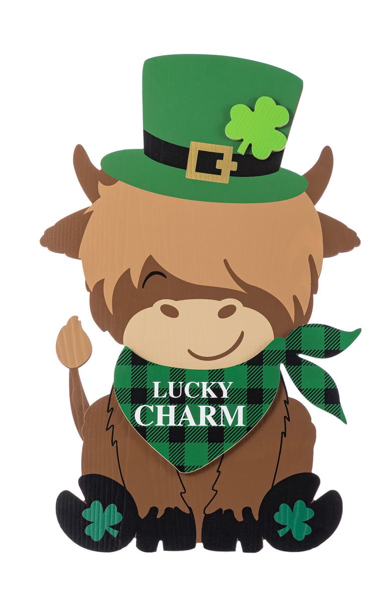 Glitzhome St. Patrick's Wooden Highland Cow Porch Decor, Main, color, Green