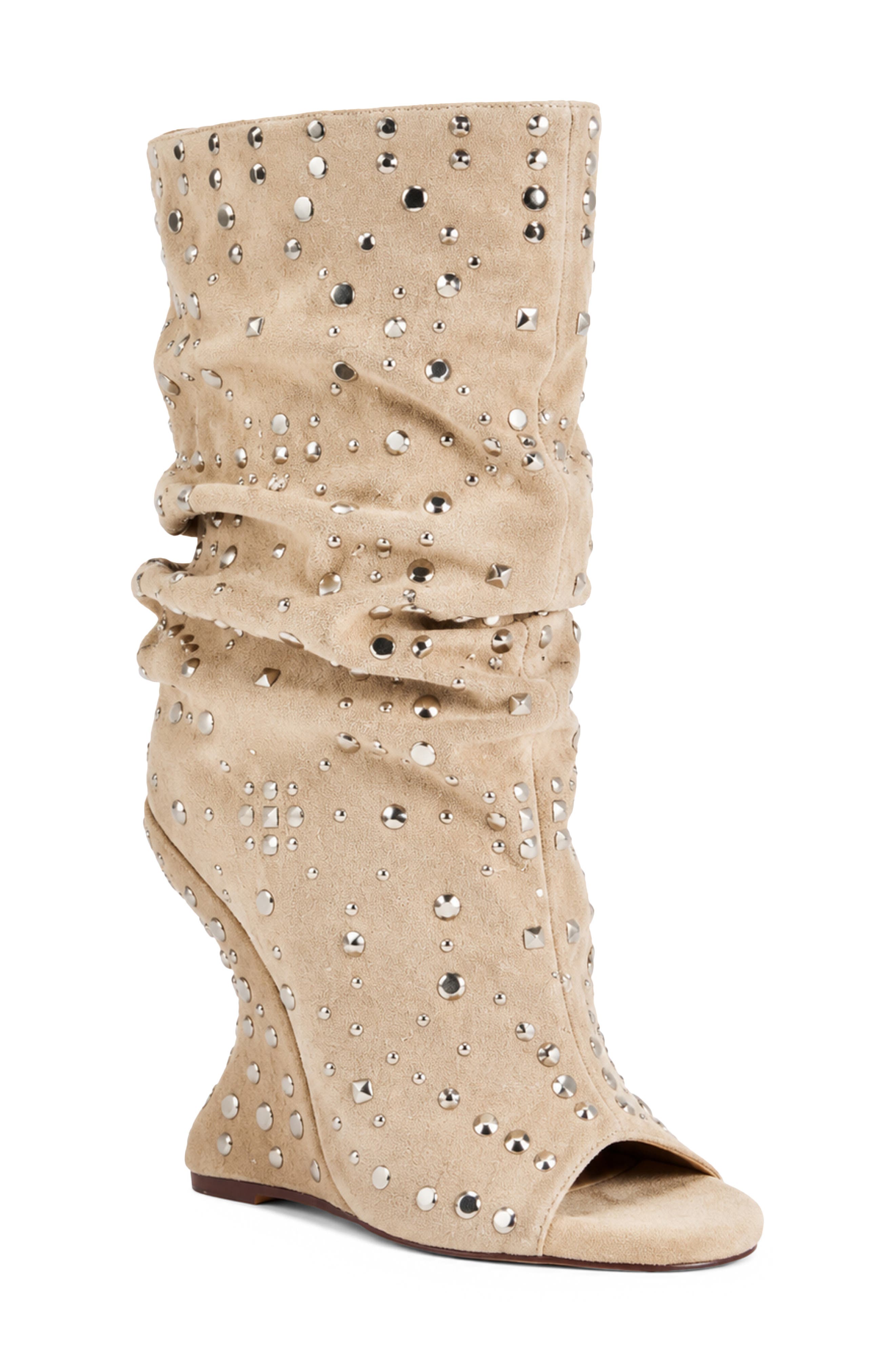 Naomani Crystal Embellished Peep Toe Wedge Slouch Boot, Main, color, BEIGE