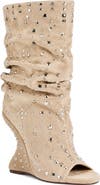 AZALEA WANG Naomani Crystal Embellished Peep Toe Wedge Slouch Boot