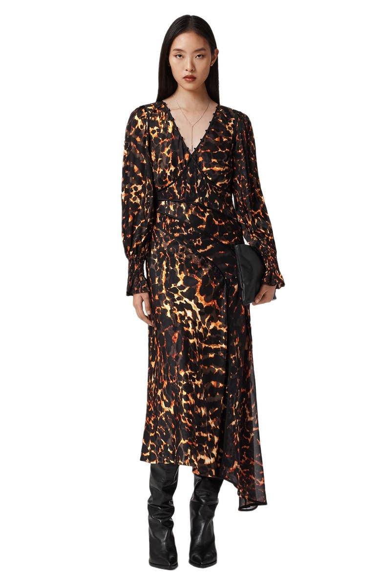 AllSaints Dannie Print Long Sleeve Midi Dress, Alternate, color, Pardus Flame Brown