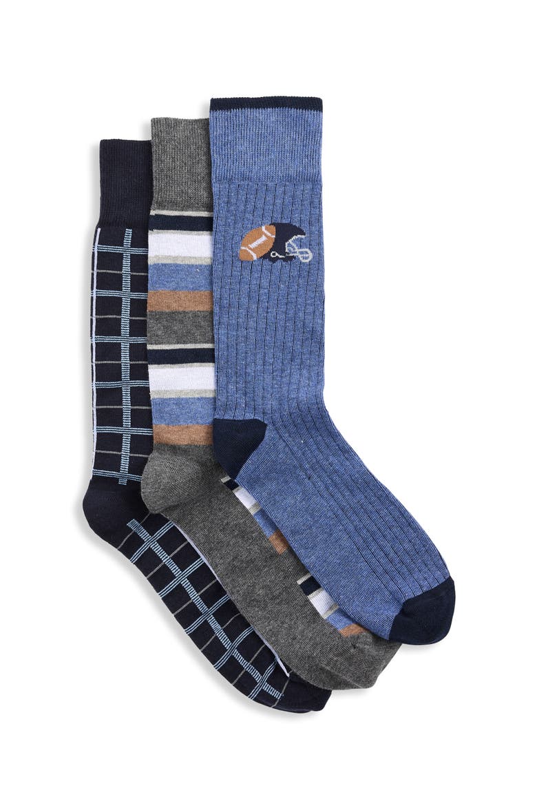 Big & Tall 3-Pk Let's Go Football Socks, Main, color, MULTI