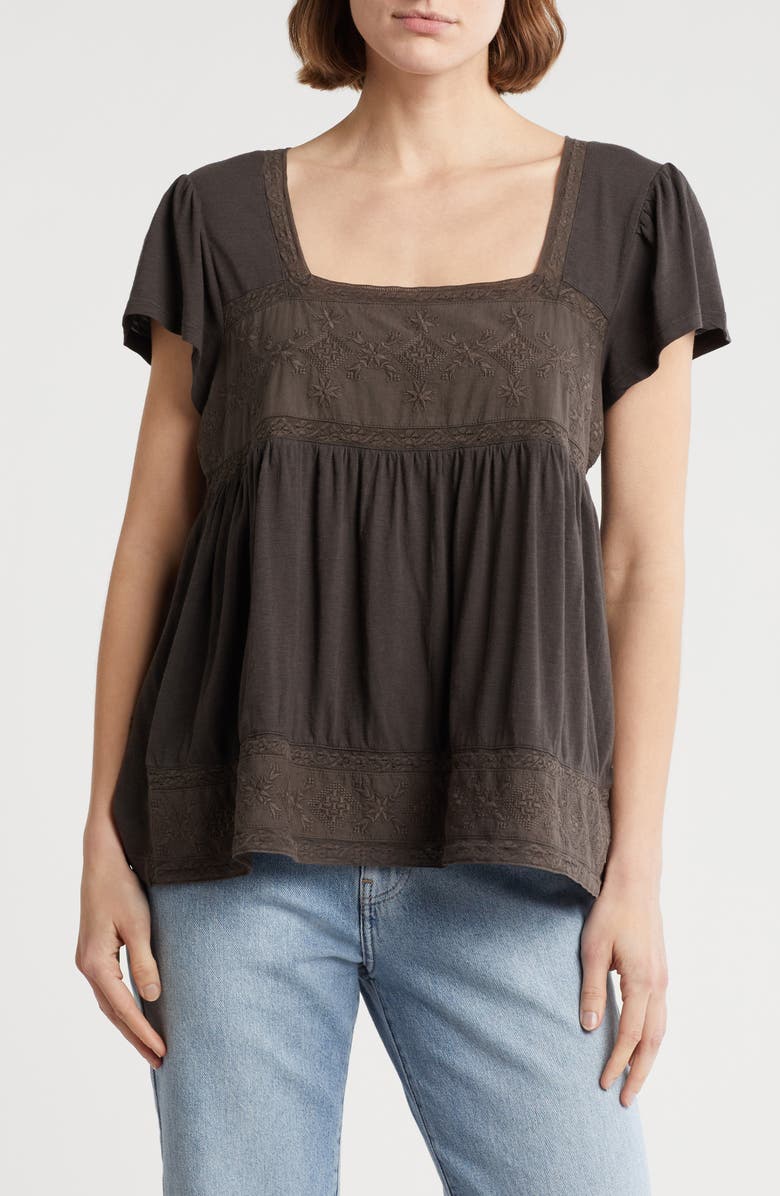 Lucky Brand Embroidered Square Neck Cotton & Modal Top, Main, color,