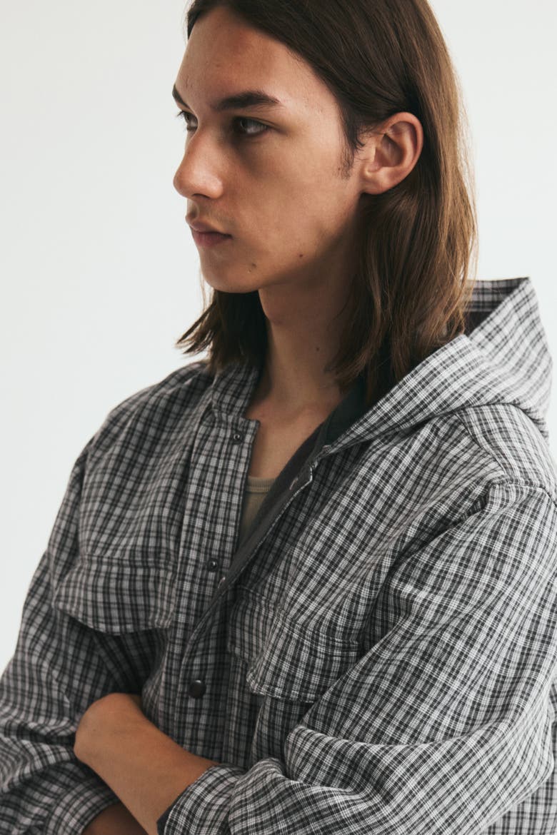Hooded Cotton Overshirt, Alternate, color, Black/checked