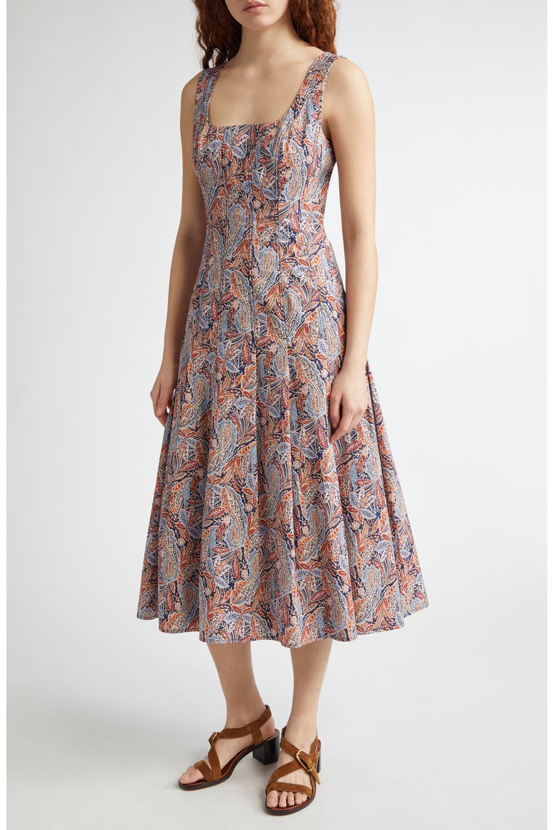 Jolie Paisley Sleeveless Stretch Cotton Midi Dress, Main, color, NAVY MULTI