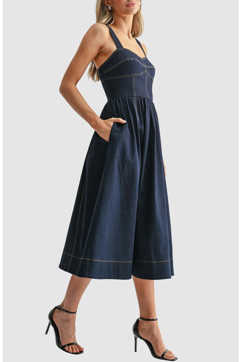 Sweetheart Neck Fit & Flare Denim Midi Dress, Alternate, color, DARK DENIM