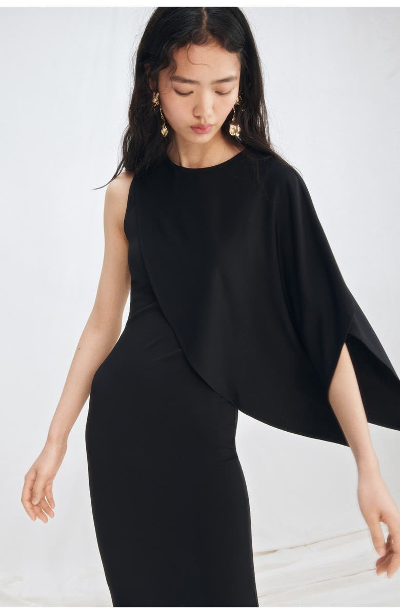 H&M Asymmetric Cape-detail Dress, Alternate, color, Black