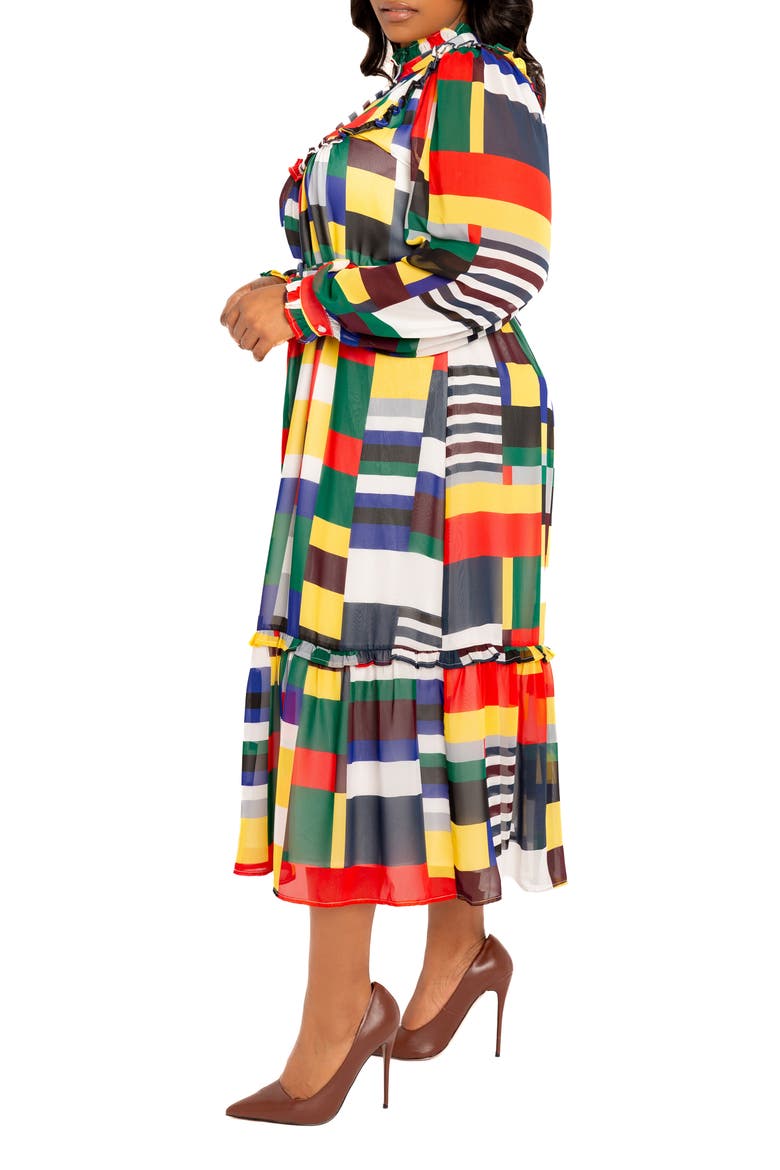 Plaid Ruffle Bib Belted Long Sleeve Maxi Dress, Alternate, color, WHITE/ MULTI-COLOR