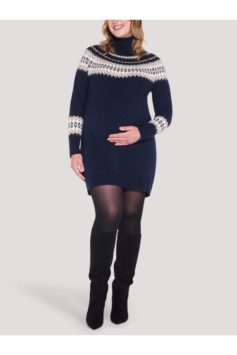 Turtleneck Long Sleeve Sweater Dress, Main, color, Navy & Ivory Fair Isle