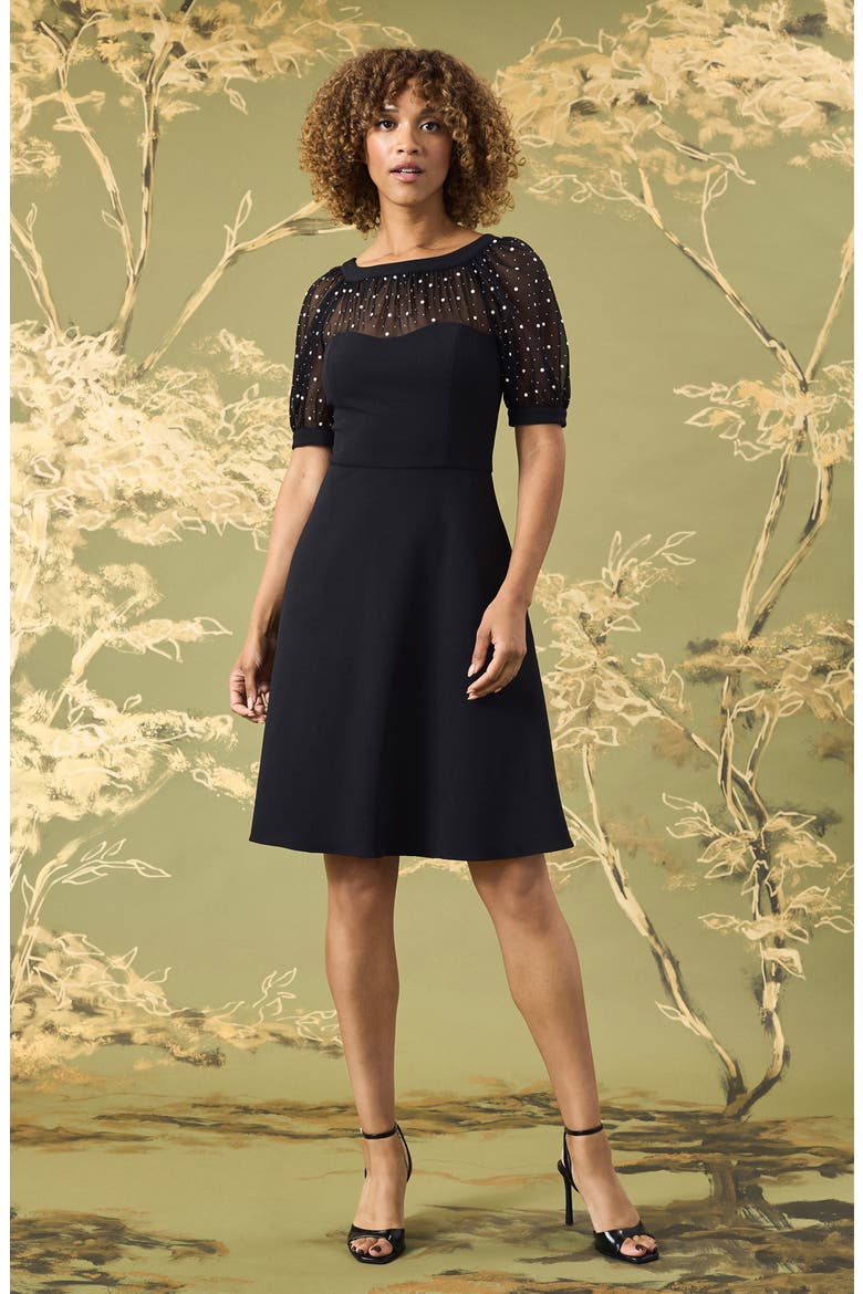 Illusion Fit and Flare Dress, Alternate, color, BLACK