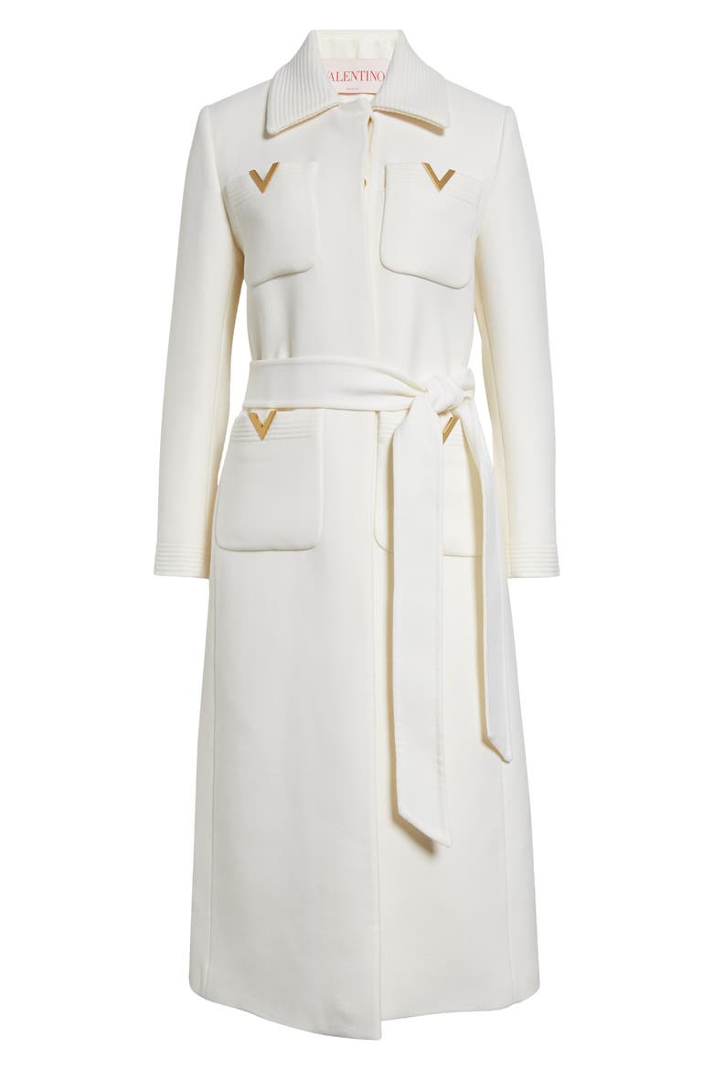 V-Detail Belted Virgin Wool & Silk Drill Coat, Alternate, color, AVORIO