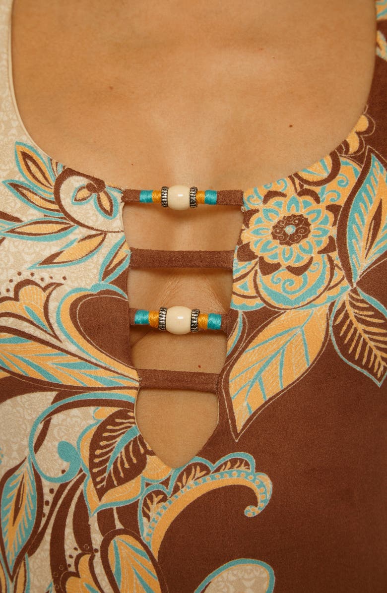 Lucky Brand Toledo Beaded Faux Suede One-Piece Swimsuit, Alternate, color, Brown Multi