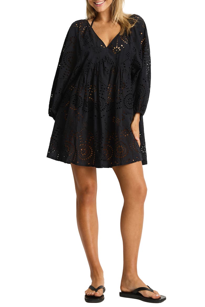 Ibiza Boho Long Sleeve Cover-Up Dress, Main, color, BLACK
