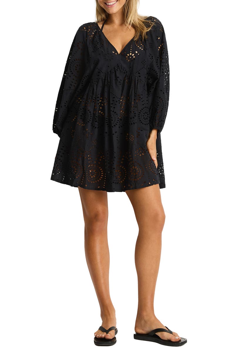 Sea Level Ibiza Boho Long Sleeve Cover-Up Dress, Main, color, Black