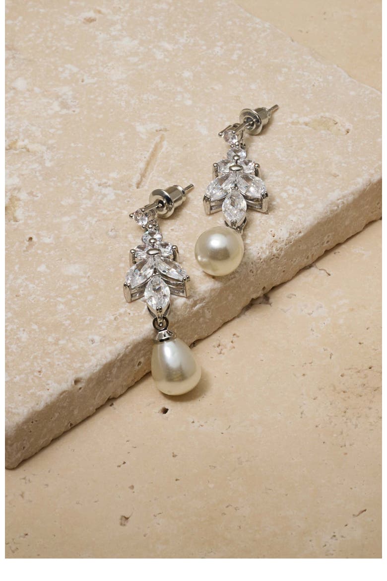 Leo Pearl and Crystal Drop Earrings, Alternate, color, Silver