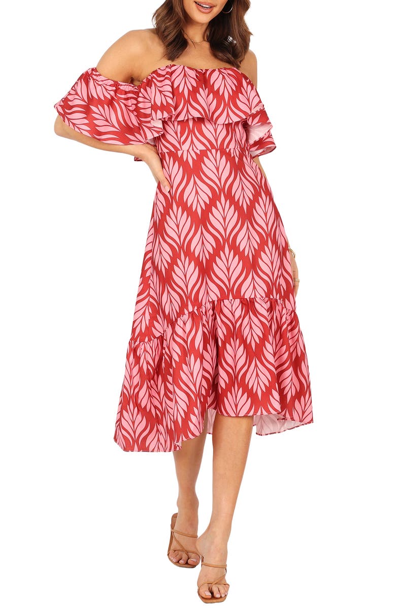 Petal & Pup Neoma Off the Shoulder Midi Dress, Main, color, Red Palm Print