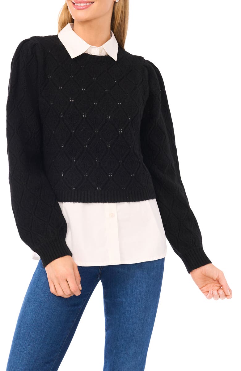 Ted Baker Pointelle Mixed Media Sweater, Main, color, Rich Black