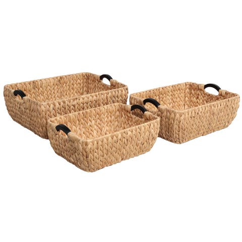 Astor Handwoven Water Hyacinth Nesting Storage Baskets with Wood Handles (Set of 3)