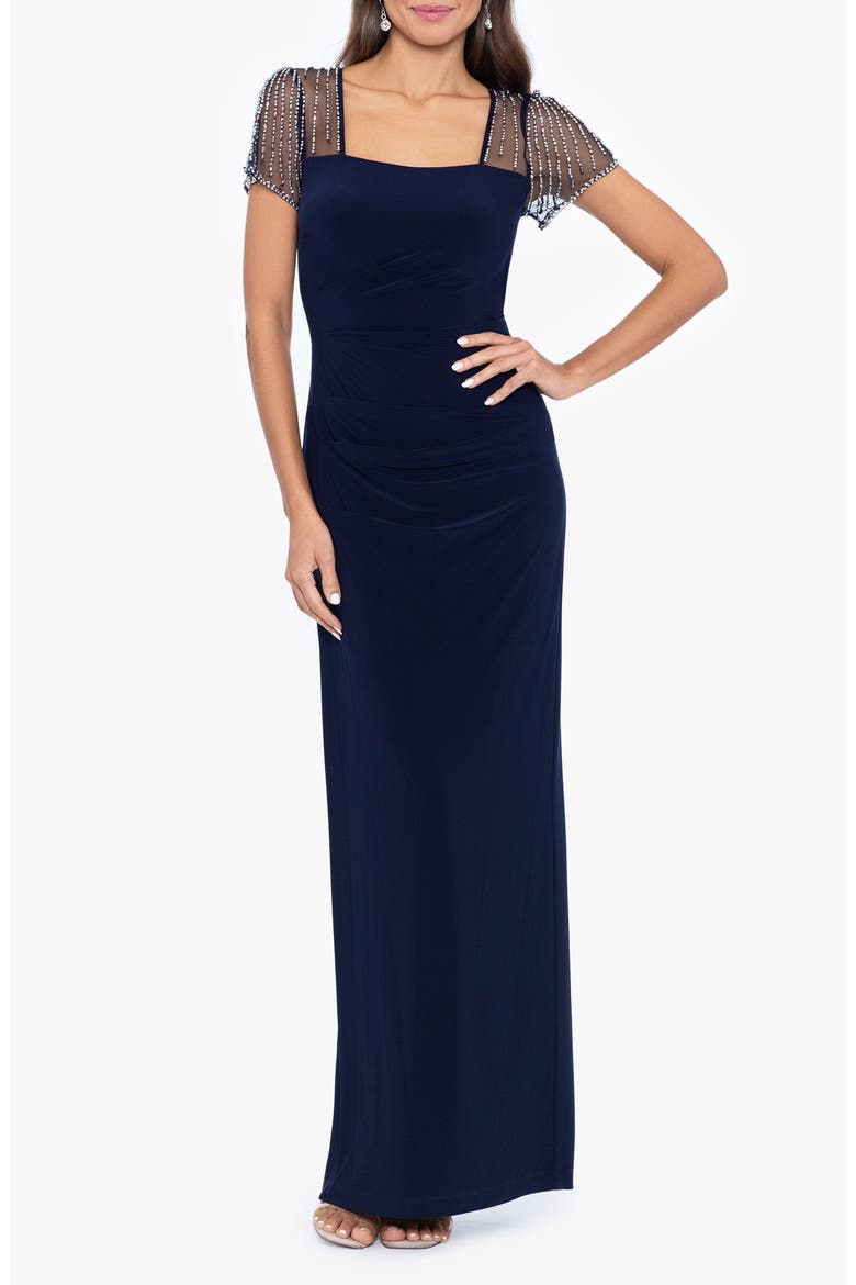 Faraj Rhinestone Sleeve Detail Column Gown, Main, color, NAVY/ SILVER