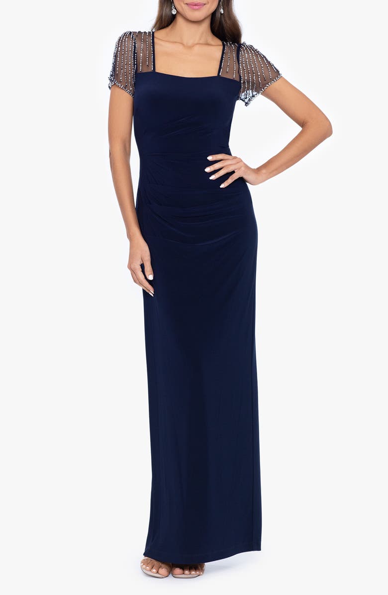 Betsy & Adam Faraj Rhinestone Sleeve Detail Column Gown, Main, color, 