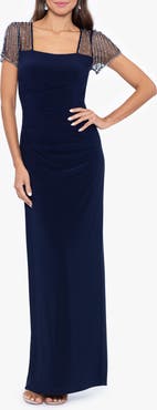 Betsy & Adam Faraj Rhinestone Sleeve Detail Column Gown