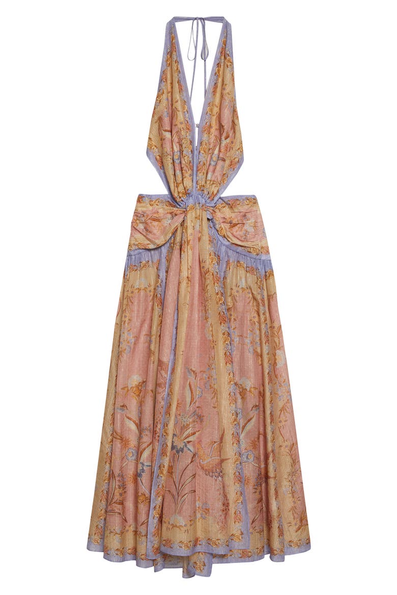 Indra Metallic Stripe Print Silk & Cotton Halter Maxi Dress, Alternate, color, PINK SCARF FLORAL