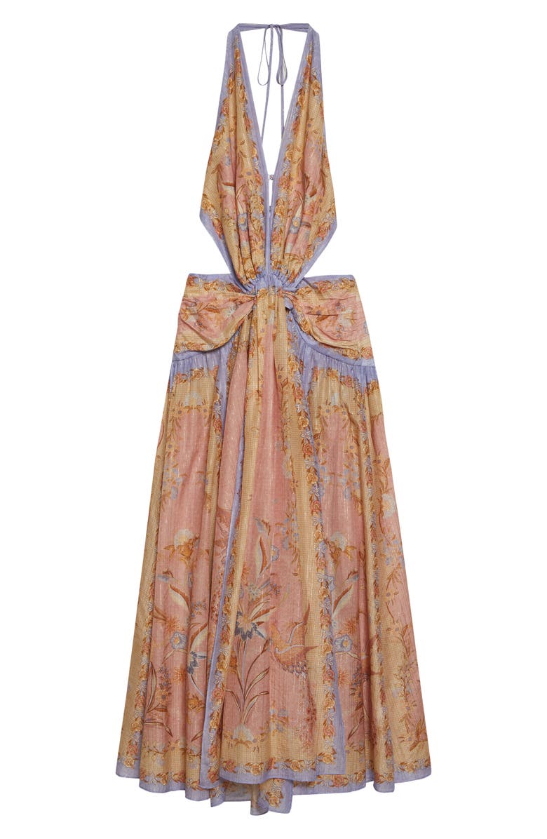 Zimmermann Indra Metallic Stripe Print Silk & Cotton Halter Maxi Dress, Alternate, color, Pink Scarf Floral