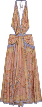 Zimmermann Indra Metallic Stripe Print Silk & Cotton Halter Maxi Dress