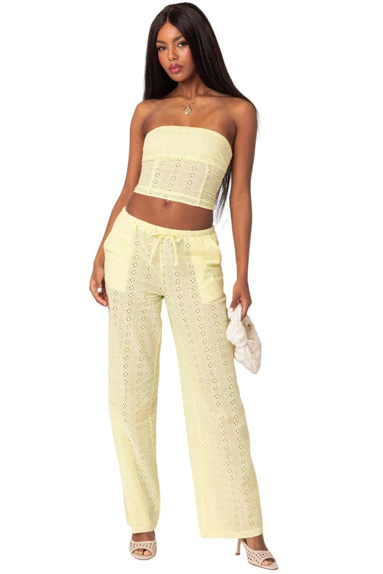 Lemon Eyelet Lace-Up Corset Crop Tube Top, Alternate, color, YELLOW