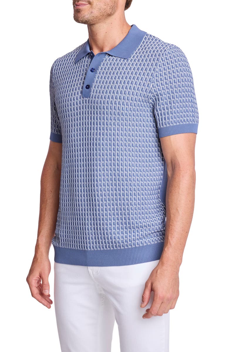 PAISLEY & GRAY Trim Fit Geometric Knit Polo, Alternate, color, Dusty Blue & White