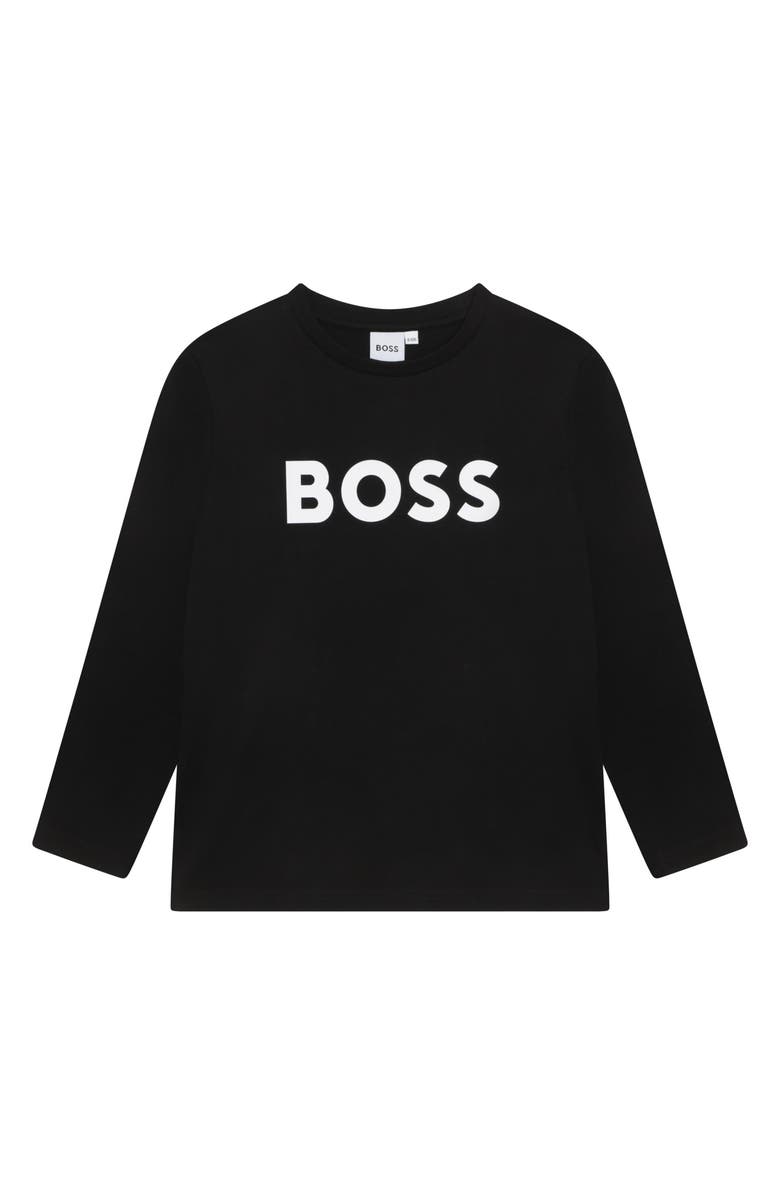 BOSS Kids' Logo Long Sleeve Graphic T-Shirt, Main, color, Black