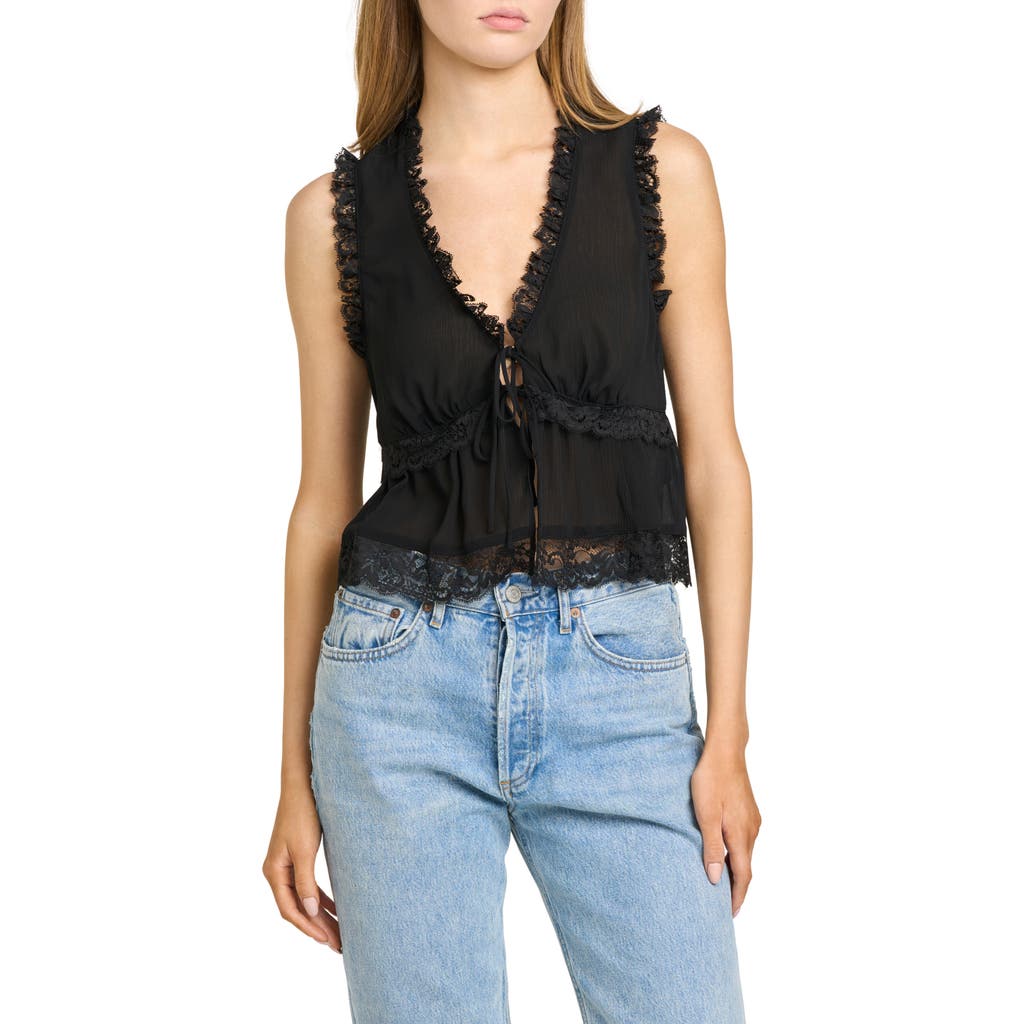 WAYF Norah Lace Trim Tie Front Top in Black at Nordstrom, Size X-Large