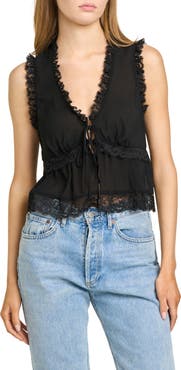 WAYF Norah Lace Trim Tie Front Top