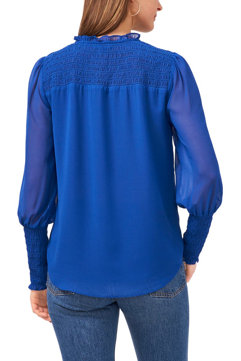 Leopard Print Shirred Tie Neck Blouse, Alternate, color, COBALT SEA