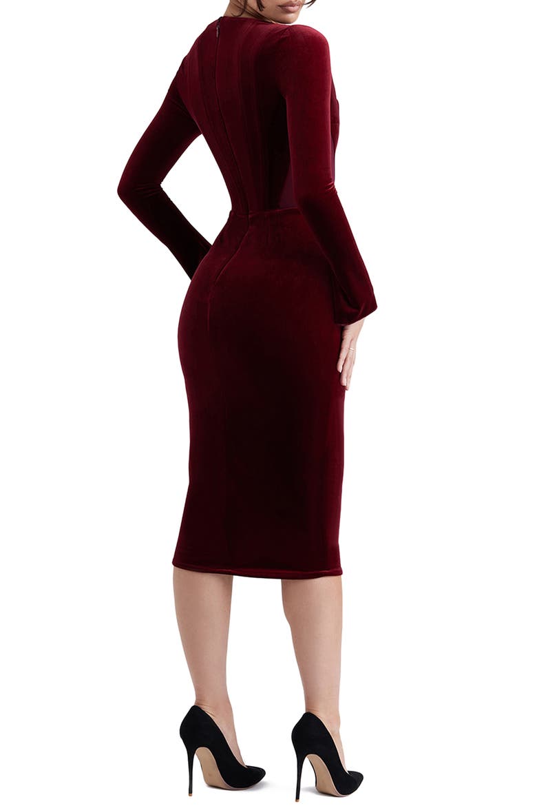 Solaine Lace Trim Long Sleeve Velvet Midi Dress, Alternate, color, WINE