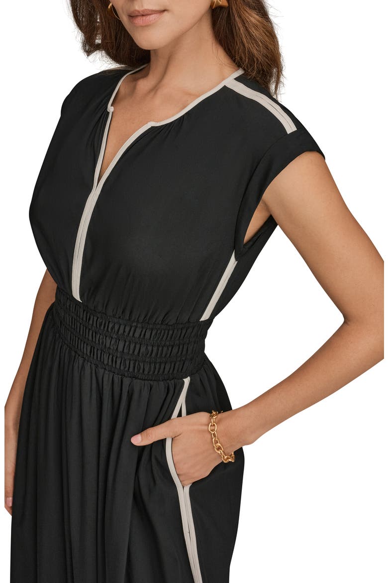 Cap Sleeve Piped Midi A-Line Dress, Alternate, color, BLACK/ CREAM