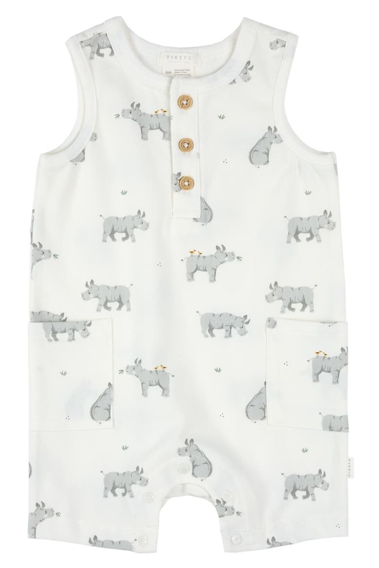 Rhino Print Cotton Henley Romper, Main, color, OFF WHITE