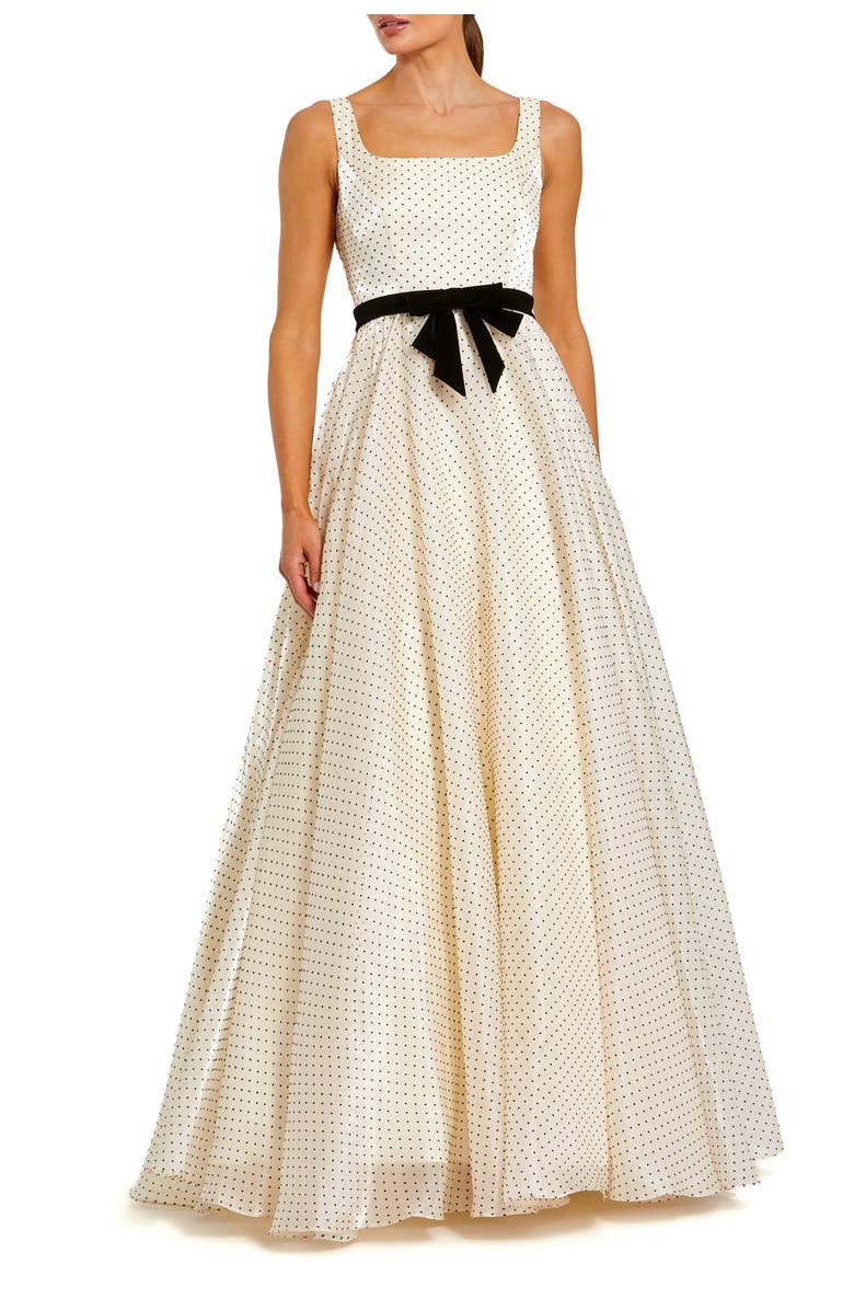 Mac Duggal Polka Dot Organza Square Neck Ballgown With Bow, Main, color, Ivory