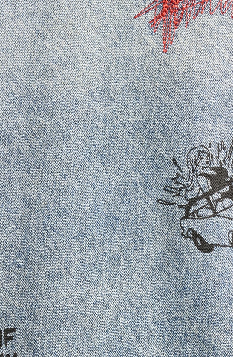 DIET STARTS MONDAY Doodle Embroidered Distressed Denim Trucker Jacket, Alternate, color, Indigo