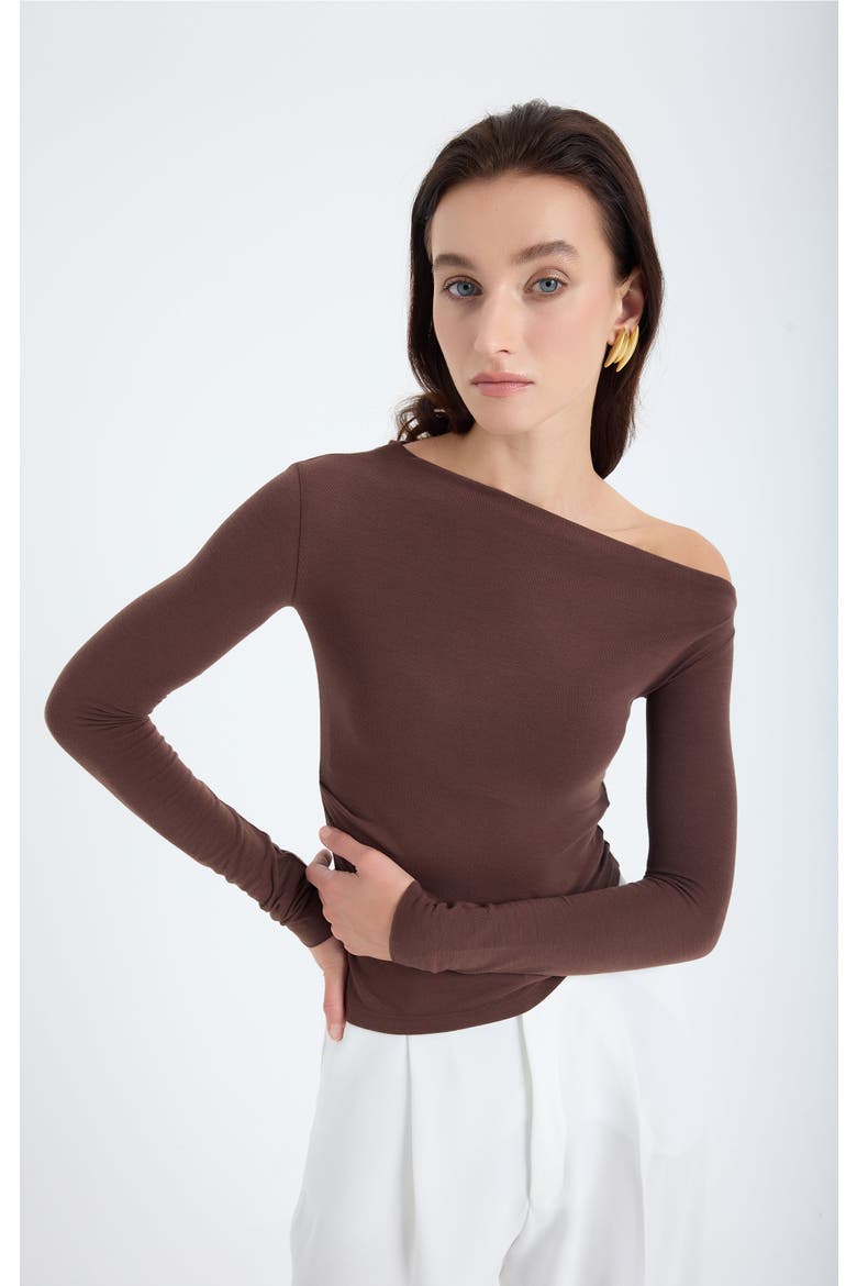 Aura One-Shoulder Draped Stretch Top, Alternate, color, Brown