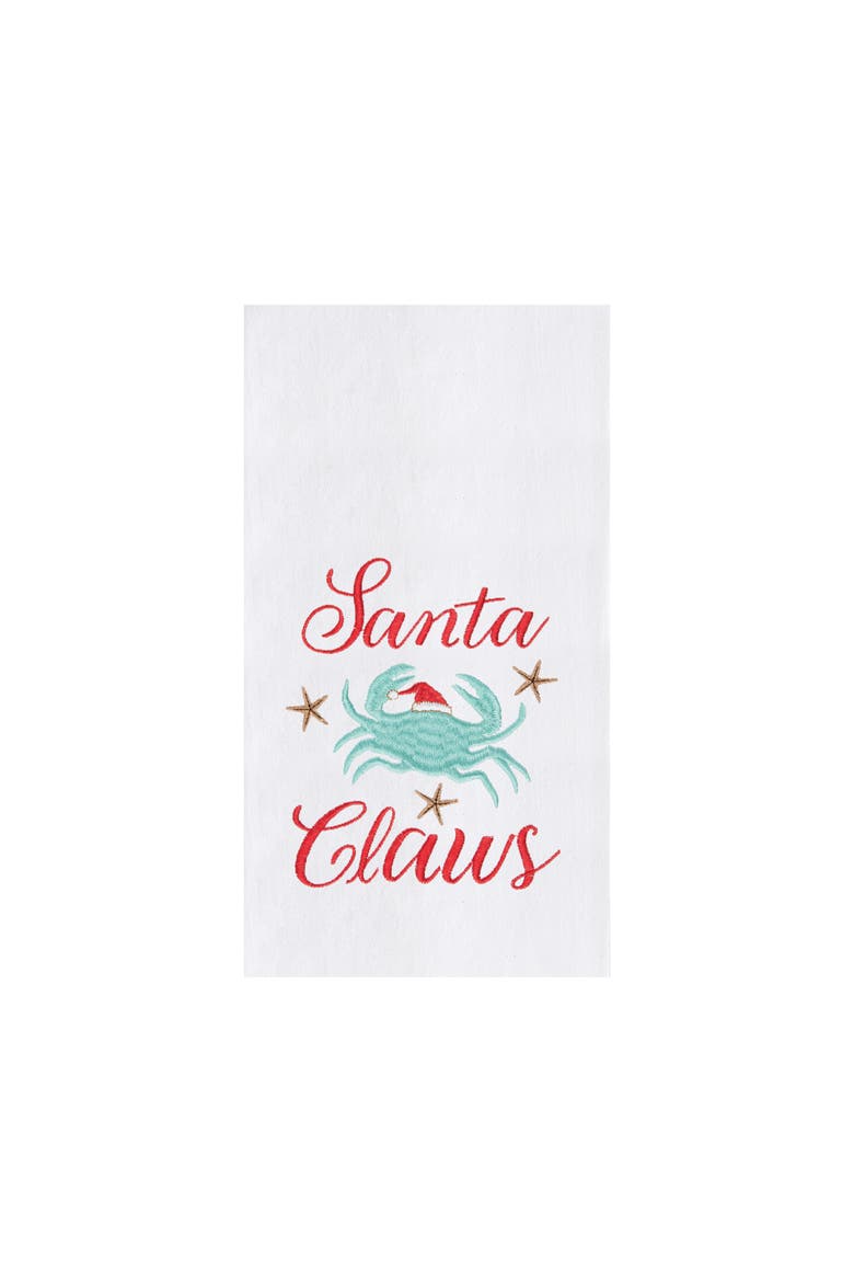 "Santa Claws" Blue Crab in Santa Claus Hat Christmas Festive Cotton Waffle Weave Kitchen Dishtowel, Main, color, White