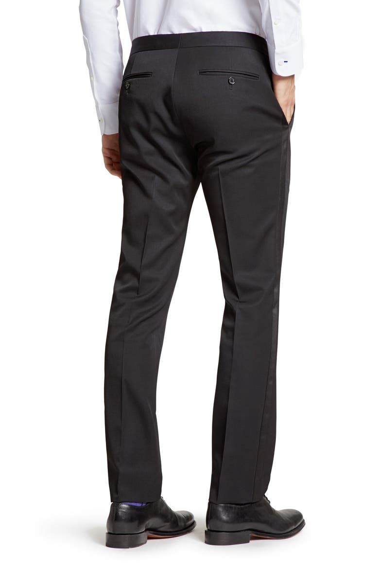 Slim Fit Flat Front Wool Tuxedo Trousers, Alternate, color, BLACK