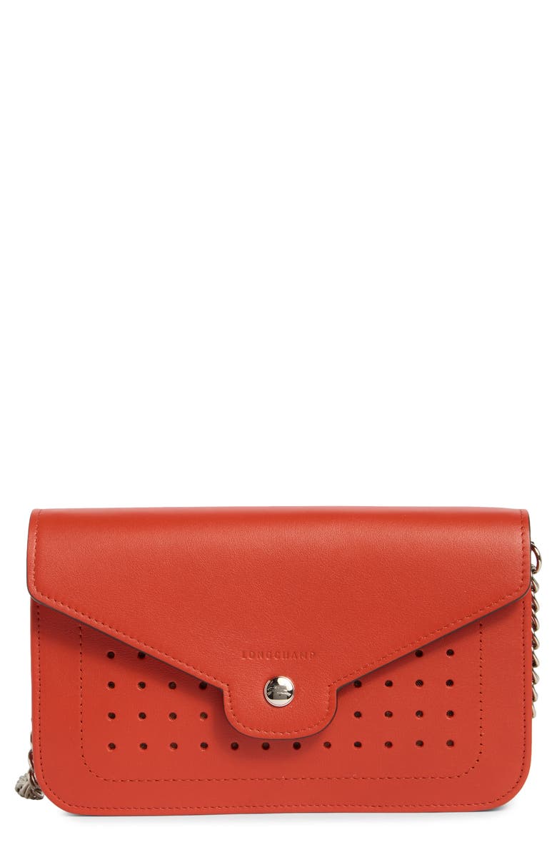 Longchamp Perforated Leather Wallet on a Chain, Main, color, Poppy