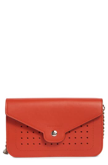 Longchamp Perforated Leather Wallet On A Chain In Red