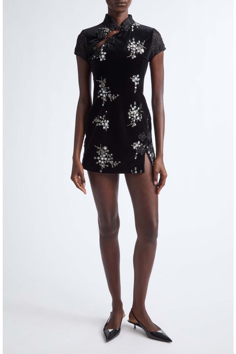 Haylee Beaded Lace Trim Velvet Qipao Minidress, Main, color, BLACK