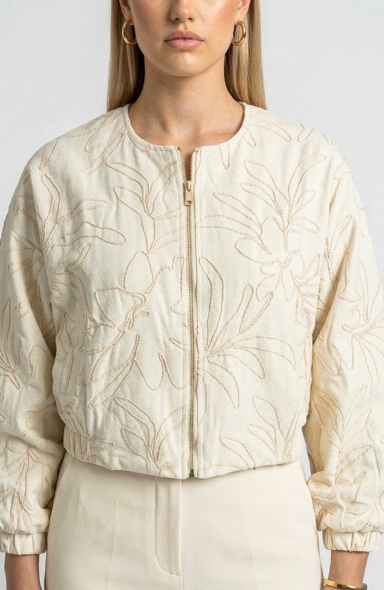 Knit & Lounge Long Sleeve Cropped Jacket with Zip Front and Embroidered Texture, Alternate, color, Beige