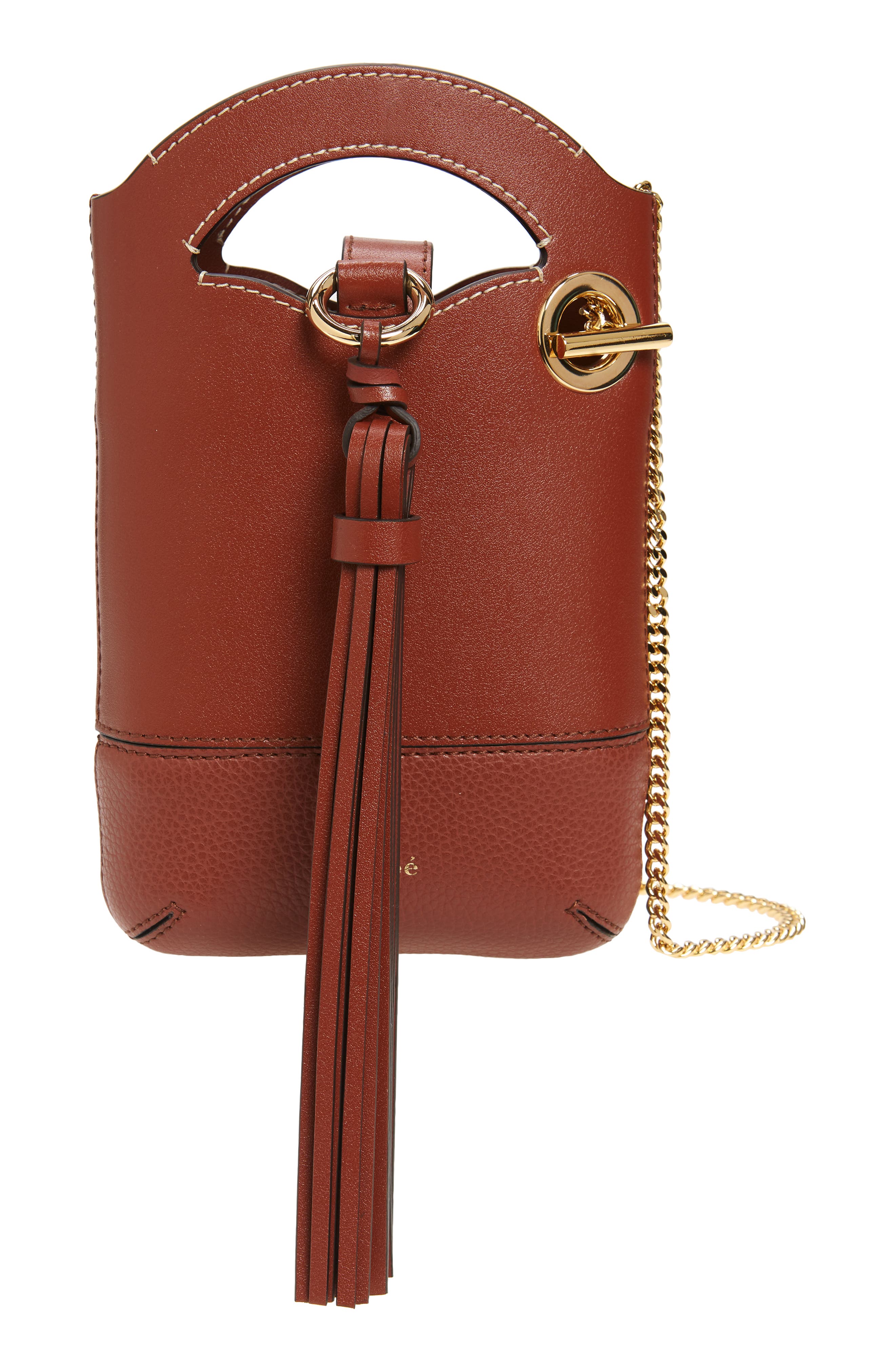 Chloè Walden Leather Phone Pouch, Main, color, SEPIA BROWN